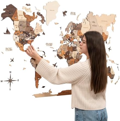 Enjoy The Wood 3D Wood World Map Wall Art Large Wood Wall Décor Housewarming Gift Idea Art World Travel Map For Home & Kitchen or Office (Multicolor, 2XL, Unframed)