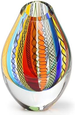 Ca D Oro Drop Glass Vase Boho with Colored Canes Hand Blown Murano-Style Art Glass – Model Low