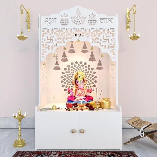 Divine Wooden Pooja Mandir for Home with Spacious Shelf & Inbuilt Focus Light White Pooja Mandir, 96 cm Temple White