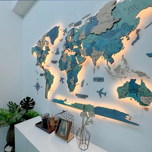 insulvuku Multilayered 3D LED Wood World Map Wall Art Large Wall Décor Housewarming Gift Idea Wood Wall Art World Travel Map with Backlighting For Home & Kitchen or Office (LED, Green) (XL)