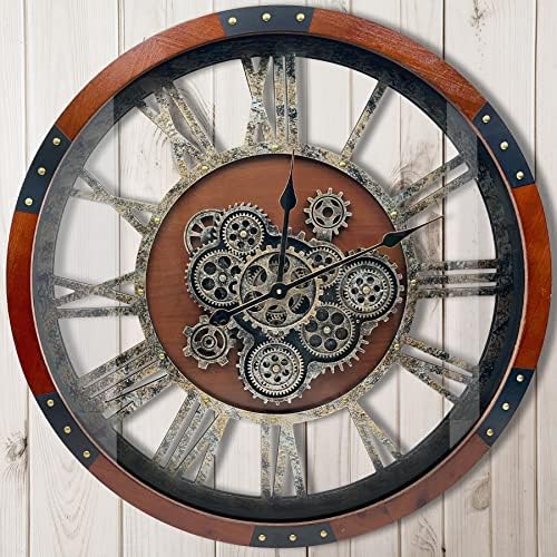 DORBOKER 36" Original Moving Gears Wall Clock, Large Industrial Wall Clock for Living Room Decor,Oversized Wood Vintage Farmhouse Steampunk Rustic Clocks for Wall Decor,Black Walnut
